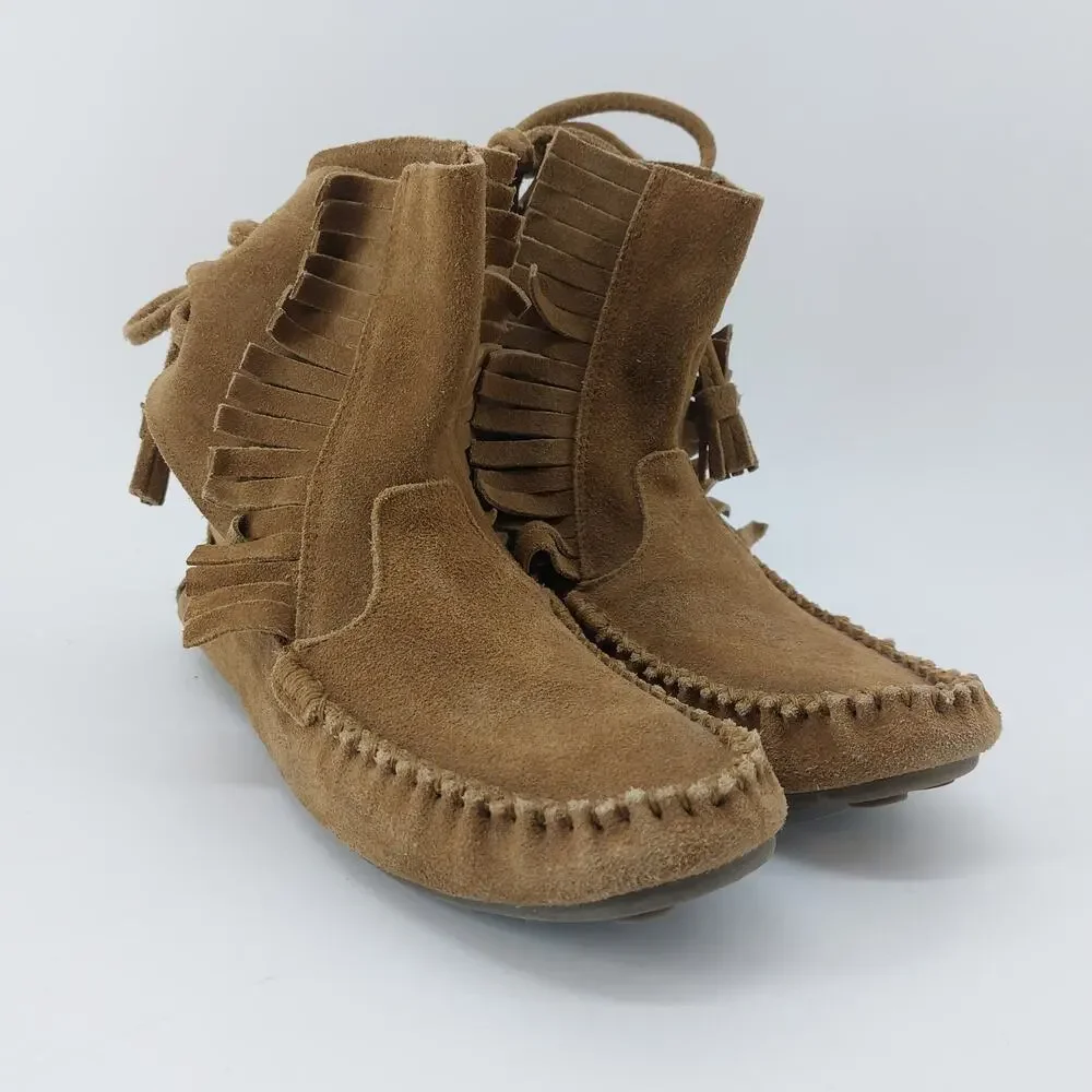 J Crew Moccasins Womens Size 7 Tan Suede Leather Tassel Fringe Boho